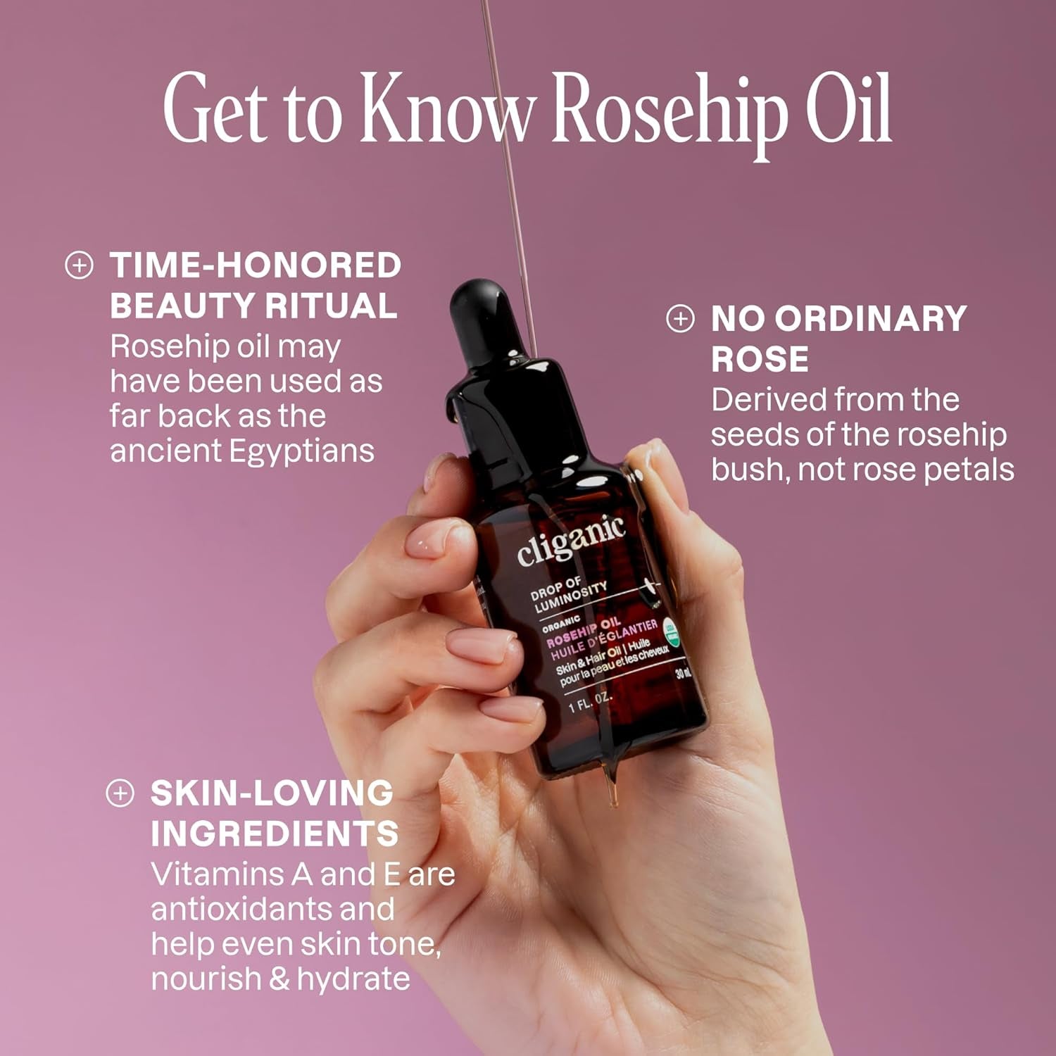 Organic Rosehip Seed Oil for Face, 100% Pure | Natural Cold Pressed Unrefined Non-Gmo | Carrier Oil for Skin, Hair & Nails (Packaging May Vary)