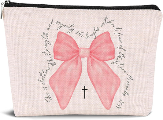 Christian Gifts for Women, Pink Christian Makeup Bag, Pink Coquette Bow Bible Verse Scripture Cosmetic Bags Zipper Pouch for Women, Religious Gifts for Christian Woman, Pink Makeup Pouch